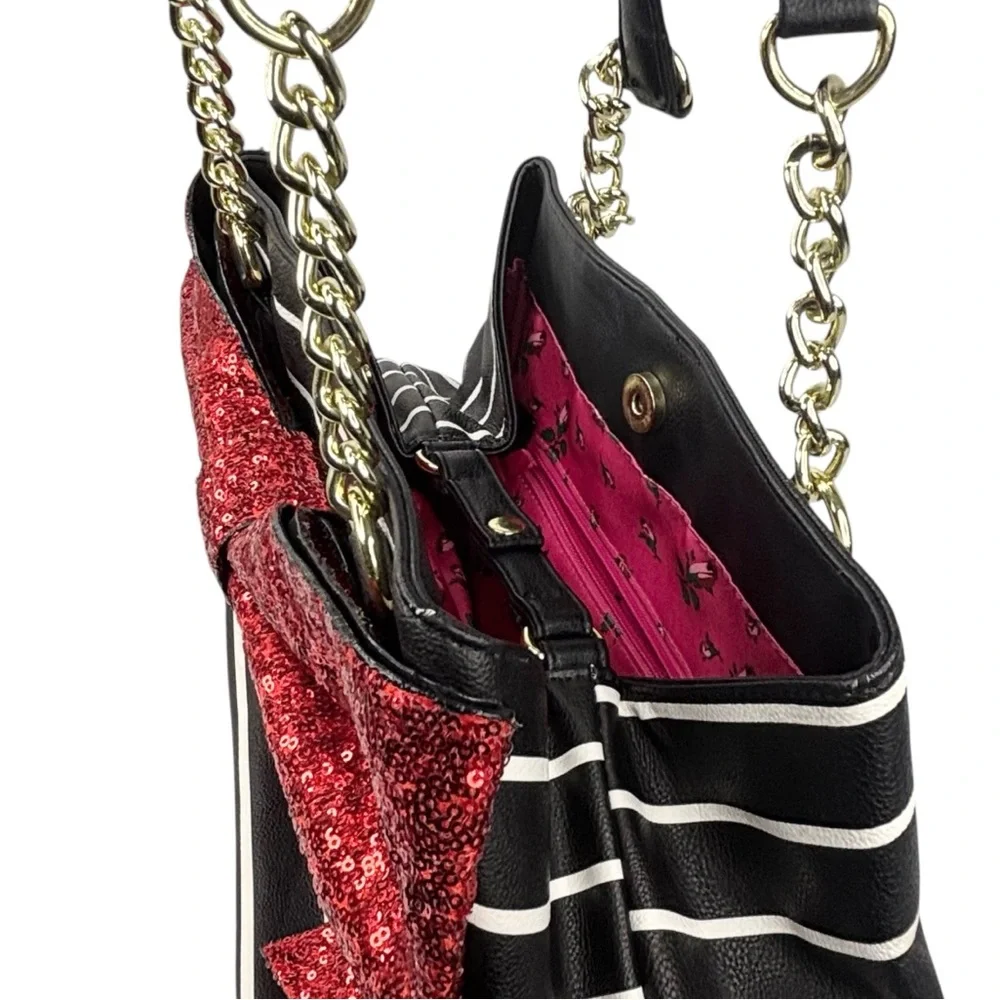 Betsey Johnson Black & White Stripe Red Sequin Glitter Bow Snap Close Tote Purse - Picture 6 of 13
